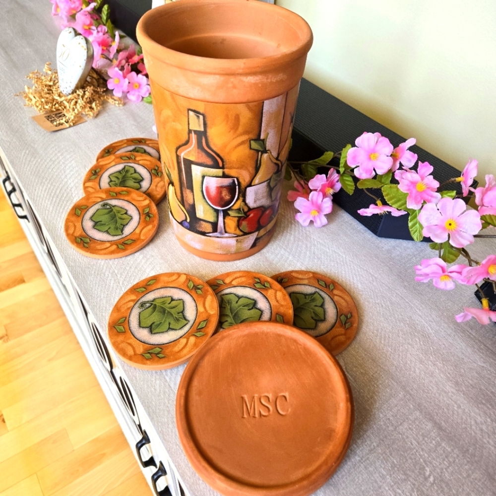 Vintage, Artistic, Painted Terra Cotta Clay Wine Cooler & 6 Coasters